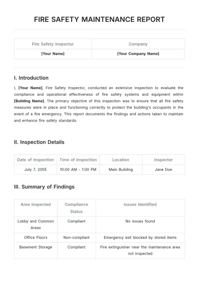 Free Fire Safety Maintenance Report Template to Edit Online