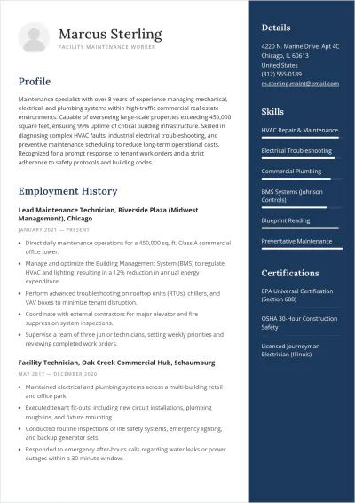 Free Facility Maintenance Worker ATS Resume Template