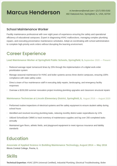 Free School Maintenance Worker ATS Resume Template, AI Resume Builder