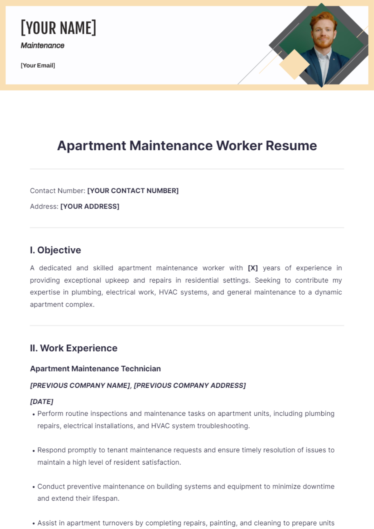 Apartment Maintenance Worker Resume - Edit Online & Download