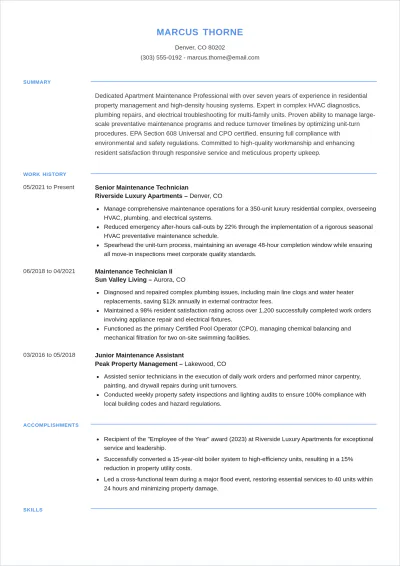 Free Apartment Maintenance Worker ATS Resume Template
