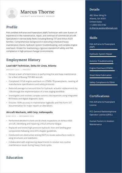 Free Aircraft Maintenance Worker ATS Resume Template