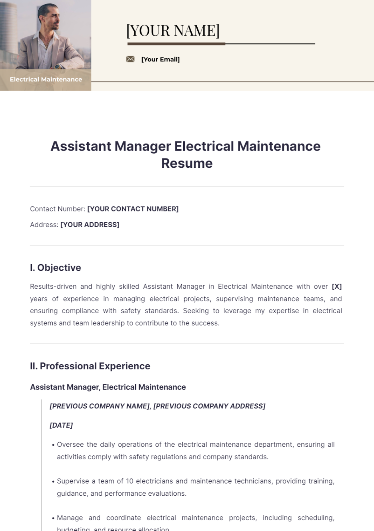 Assistant Manager Electrical Maintenance Resume - Edit Online & Download