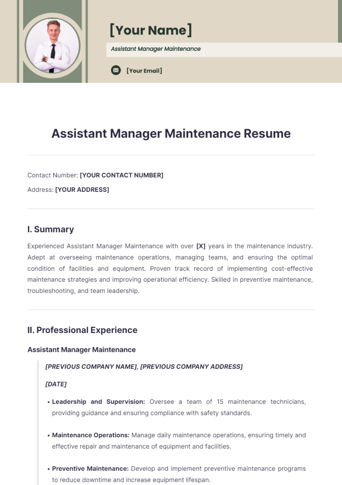 Assistant Manager Maintenance Resume - Edit Online & Download