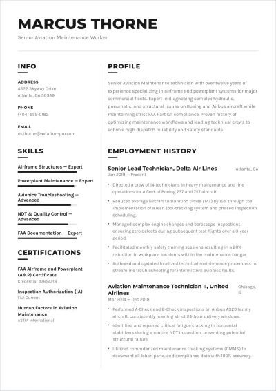 Free Aviation Maintenance Worker ATS Resume Template
