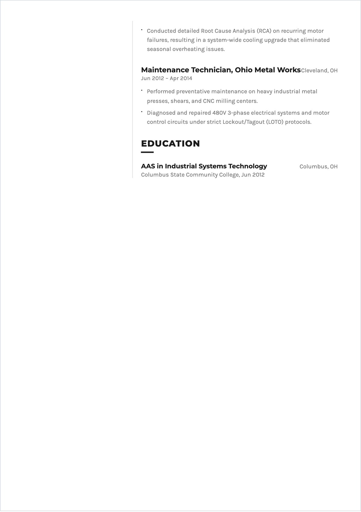 Free Industrial Maintenance Technician ATS Resume Template