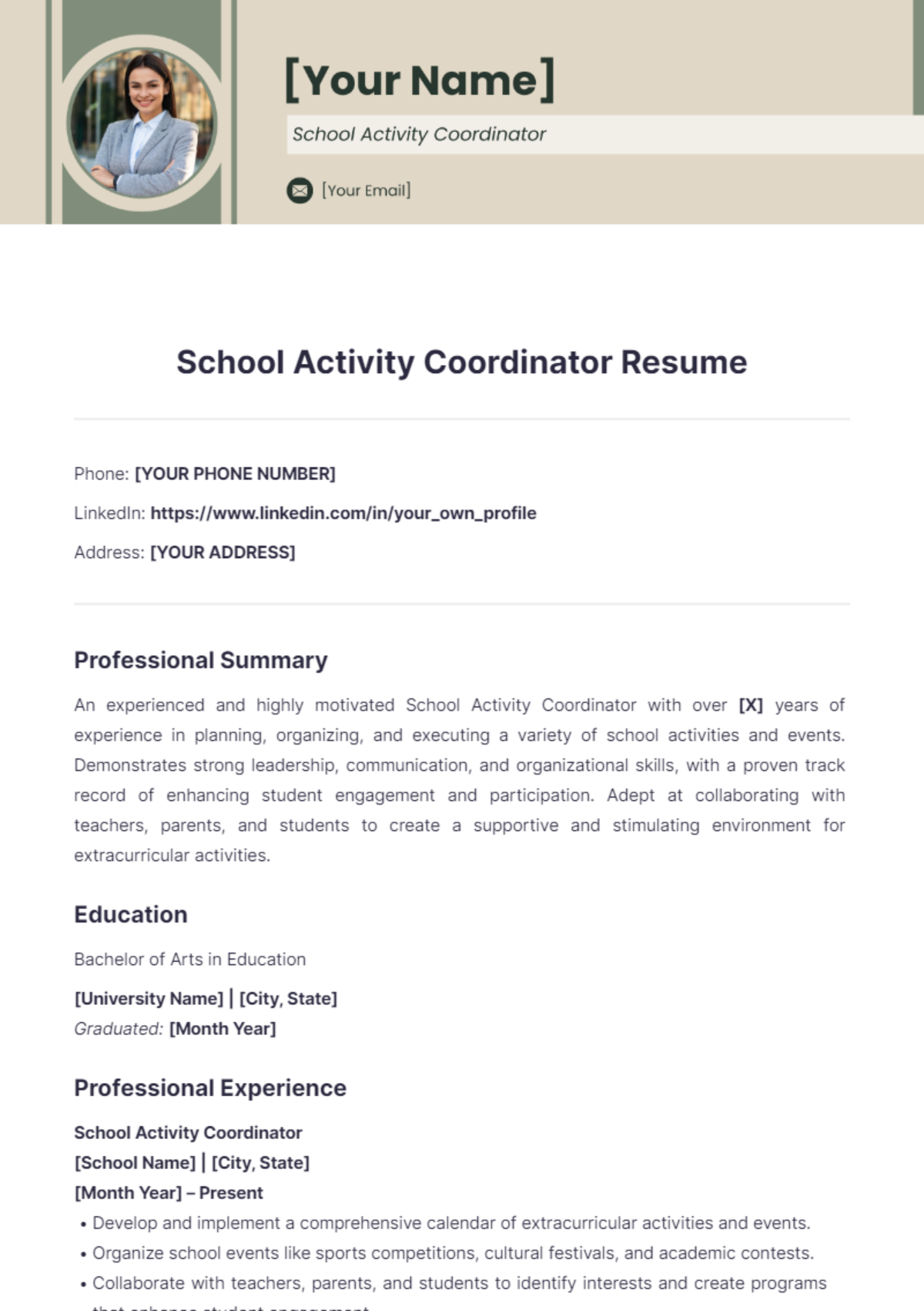 School Activity Coordinator Resume - Edit Online & Download