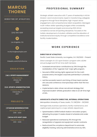 Free Athletic Sports Director ATS Resume Template, AI Resume Builder