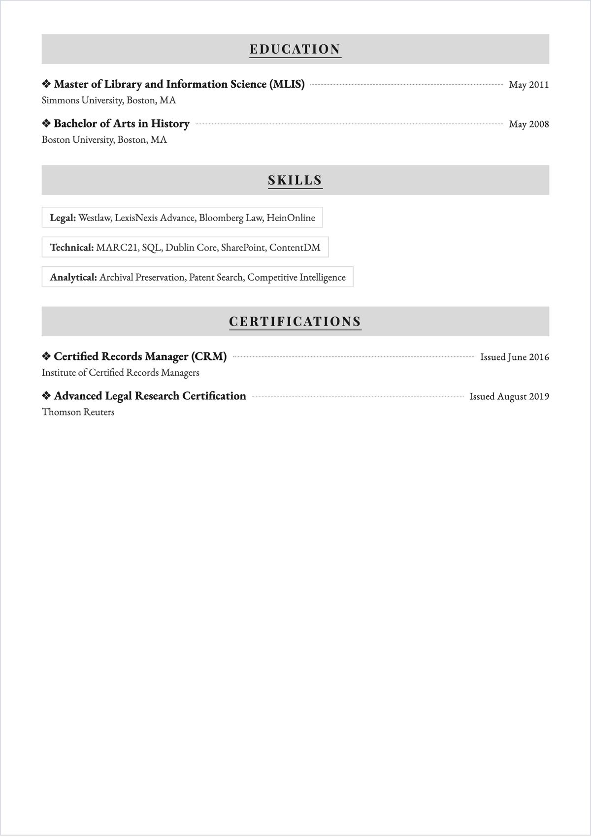 Free Research Librarian ATS Resume Template, AI Resume Builder