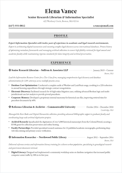 Free Research Librarian ATS Resume Template, AI Resume Builder