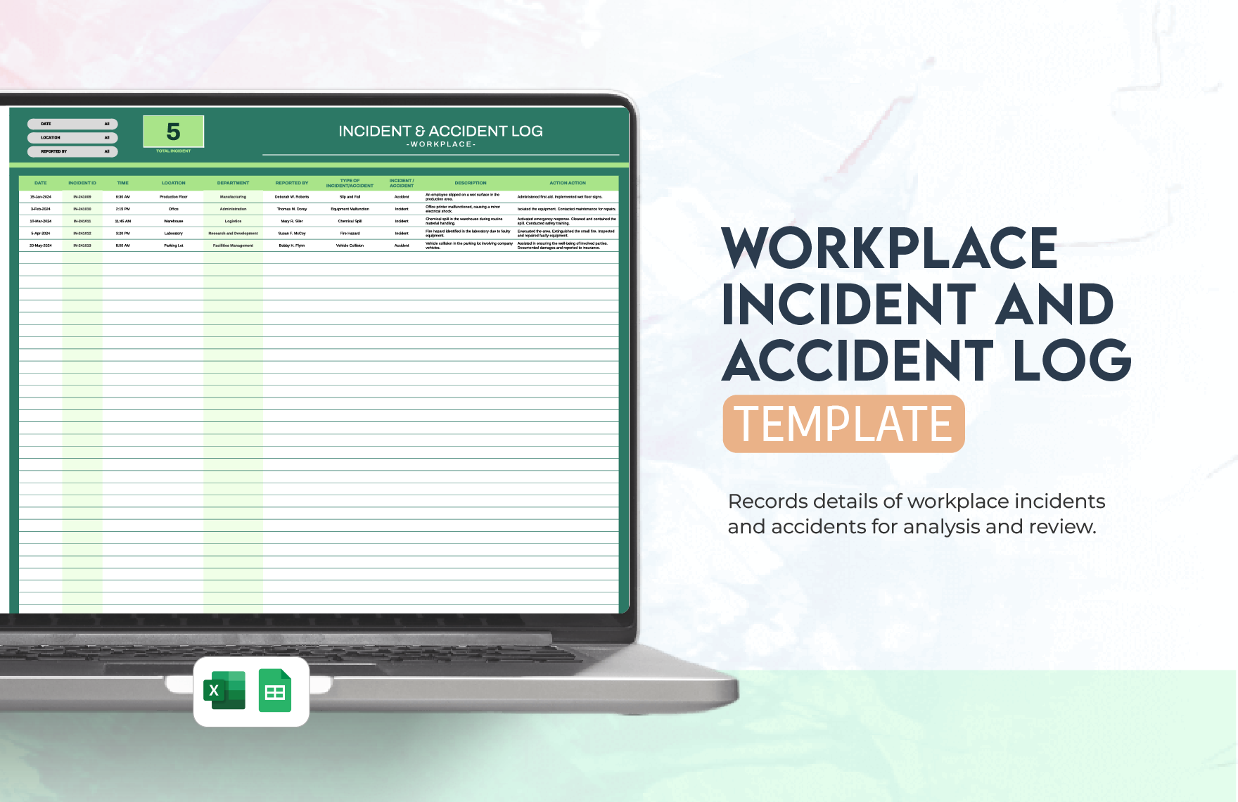 Workplace Incident and Accident Log Template in Excel, Google Sheets