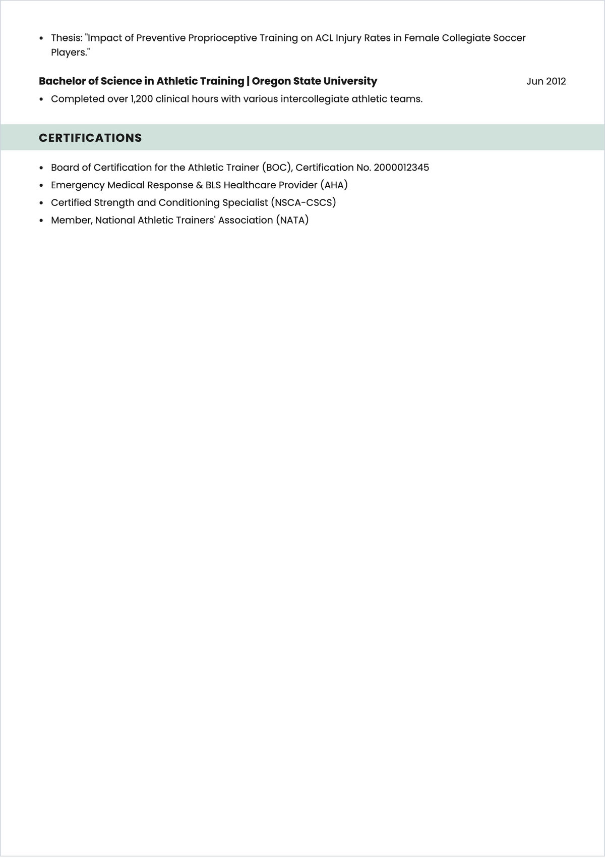 Free Sports Trainer ATS Resume Outline Template, AI Resume Builder