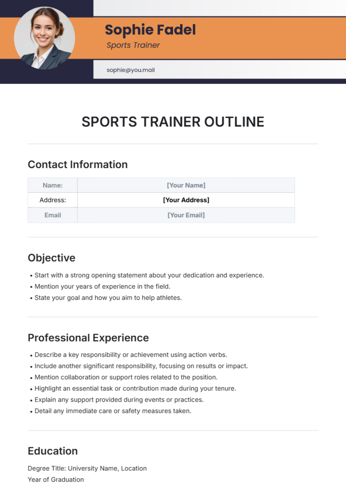 Sports Trainer Resume Outline Template - Edit Online & Download