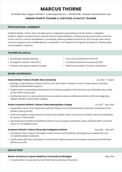 Free Sports Trainer ATS Resume Outline Template, AI Resume Builder