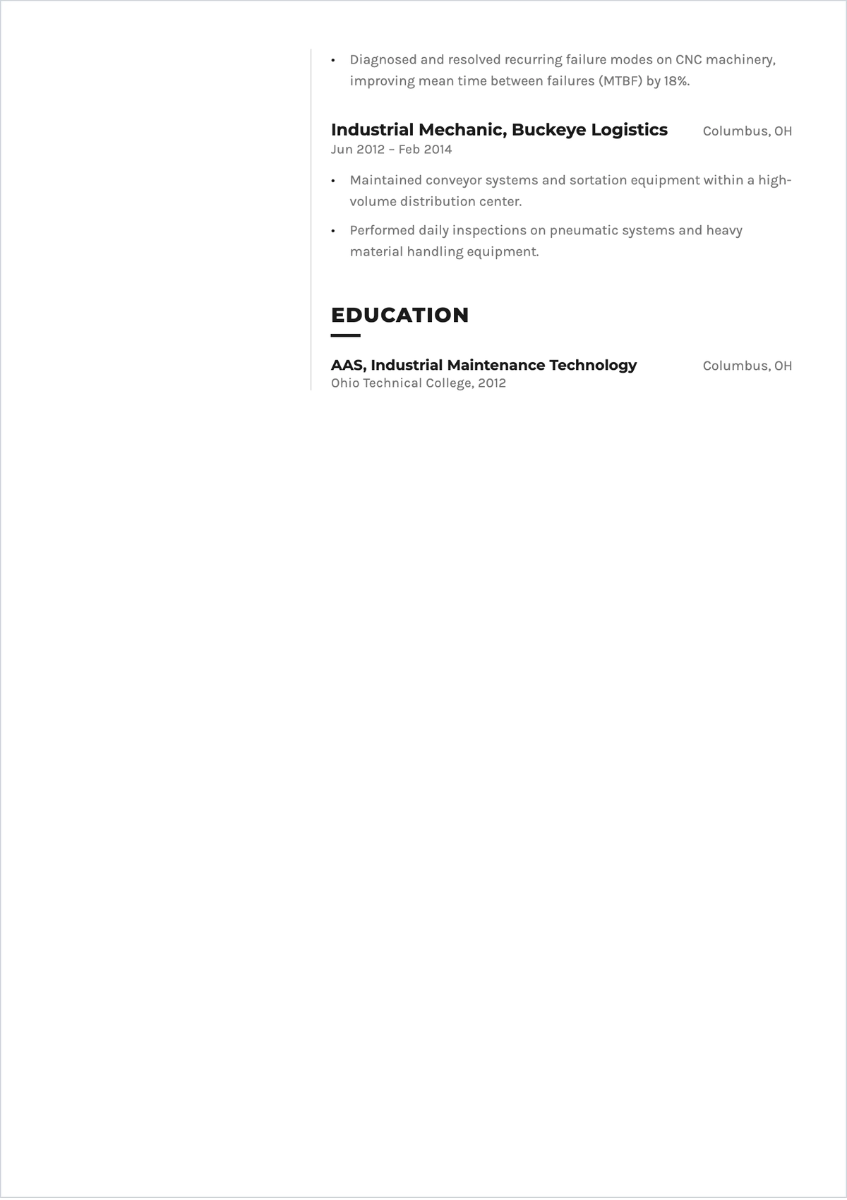 Free Lead Maintenance Technician ATS Resume Template