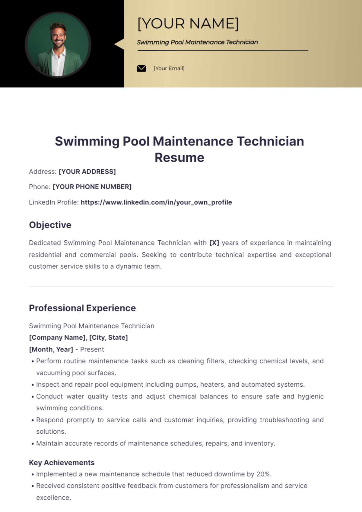 Swimming Pool Maintenance Technician Resume - Edit Online & Download