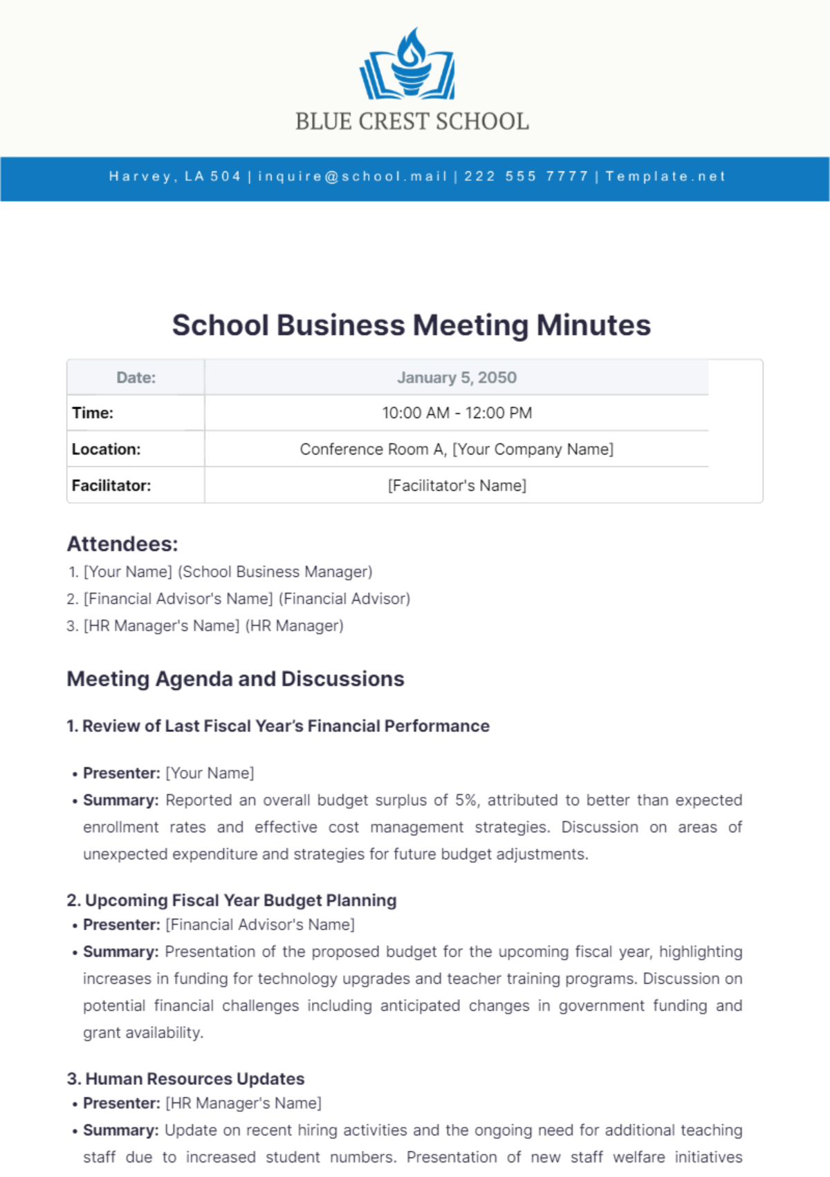 School Business Meeting Minutes Template - Edit Online & Download