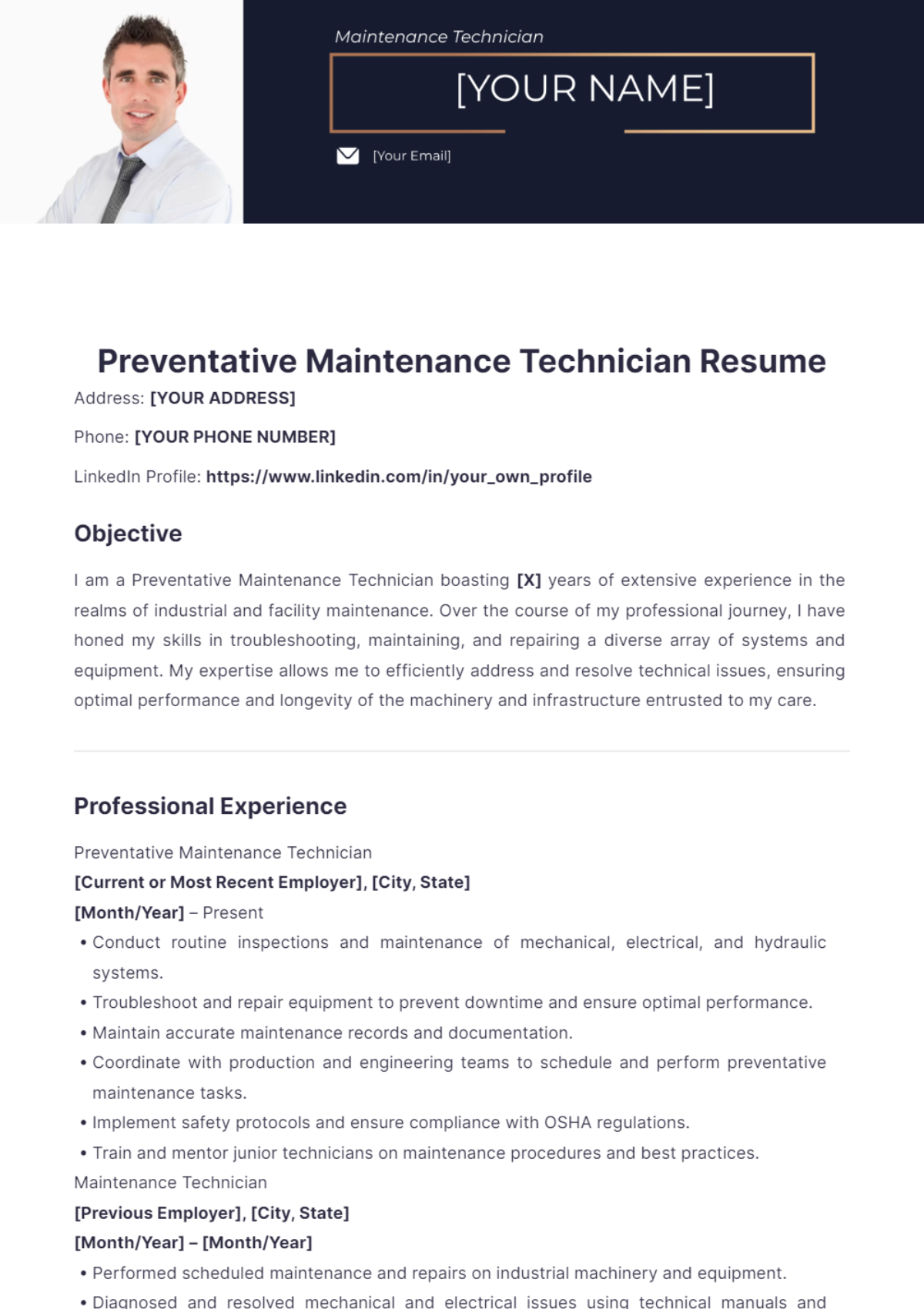 Preventative Maintenance Technician Resume - Edit Online & Download