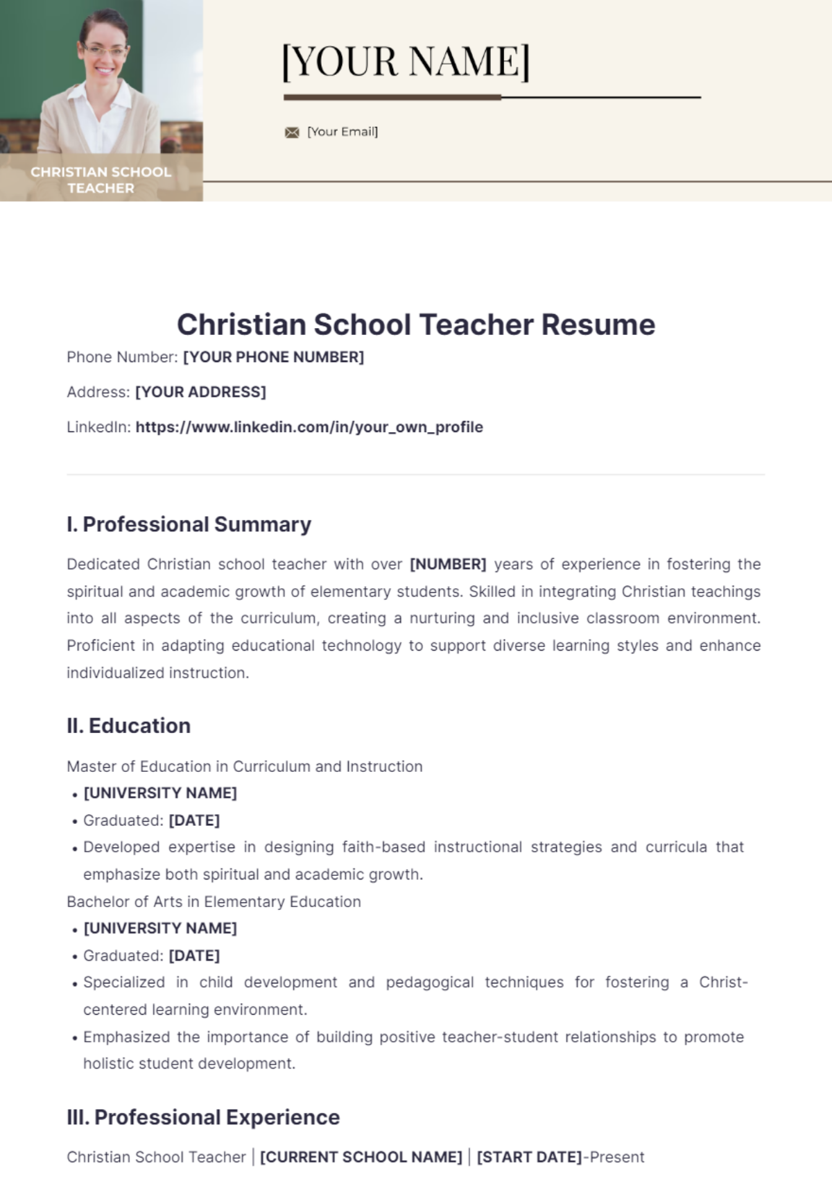 Christian School Teacher Resume - Edit Online & Download Example ...