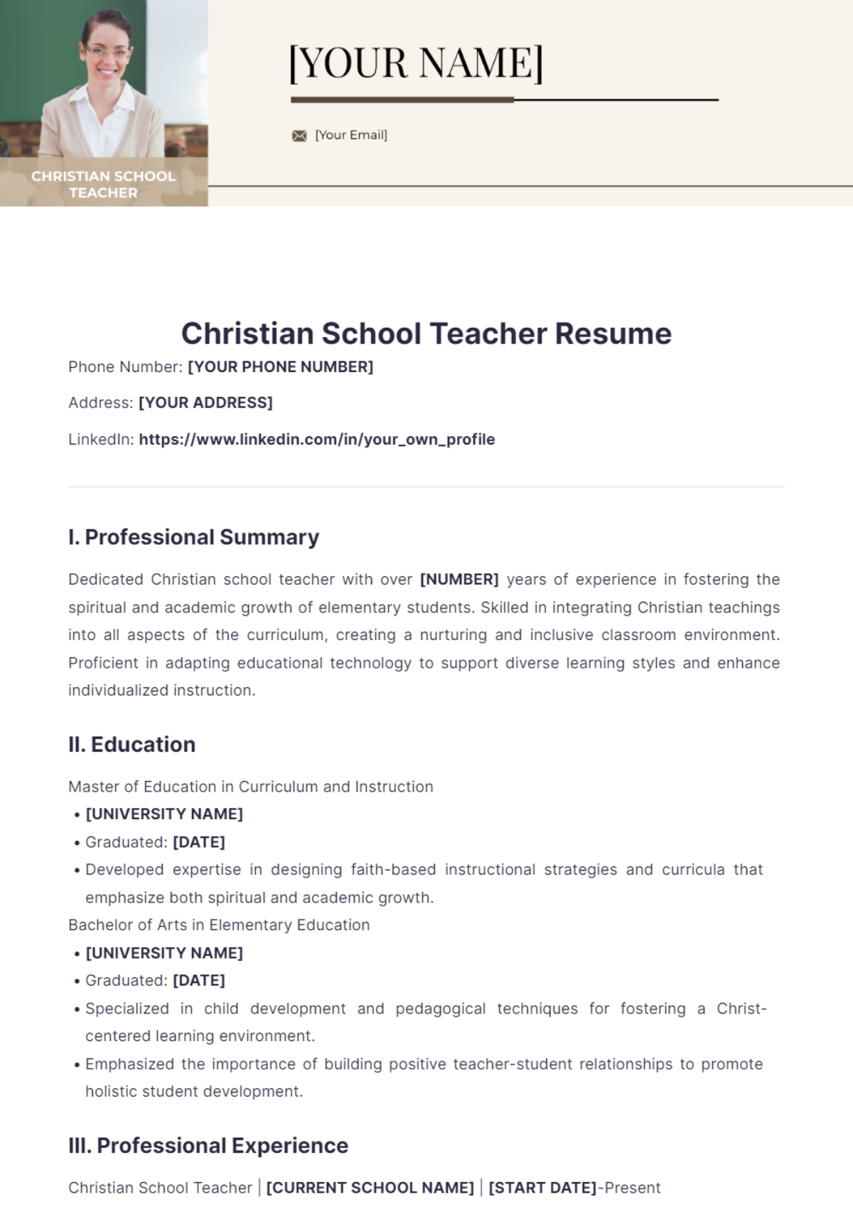 Christian School Teacher Resume - Edit Online & Download