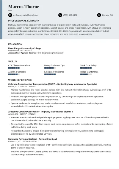 Free Highway Maintenance Worker ATS Resume Template, AI Resume Builder