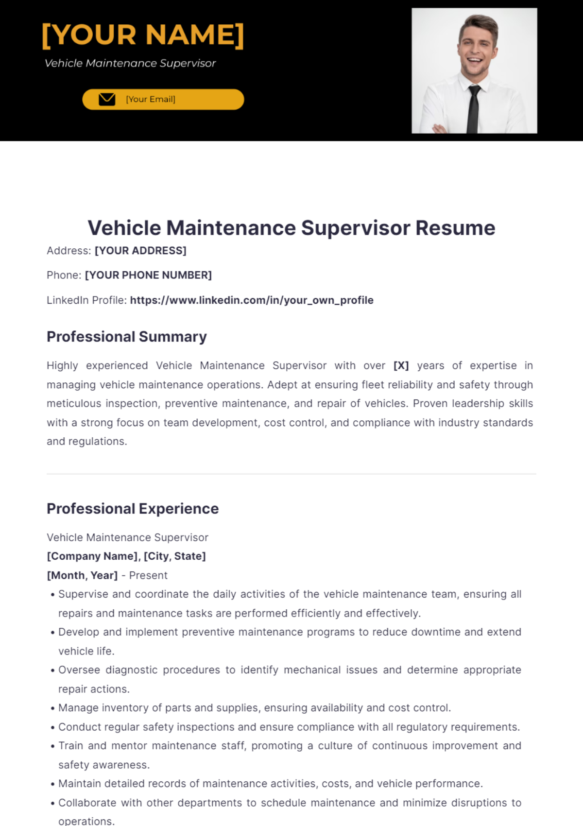 Vehicle Maintenance Supervisor Resume - Edit Online & Download