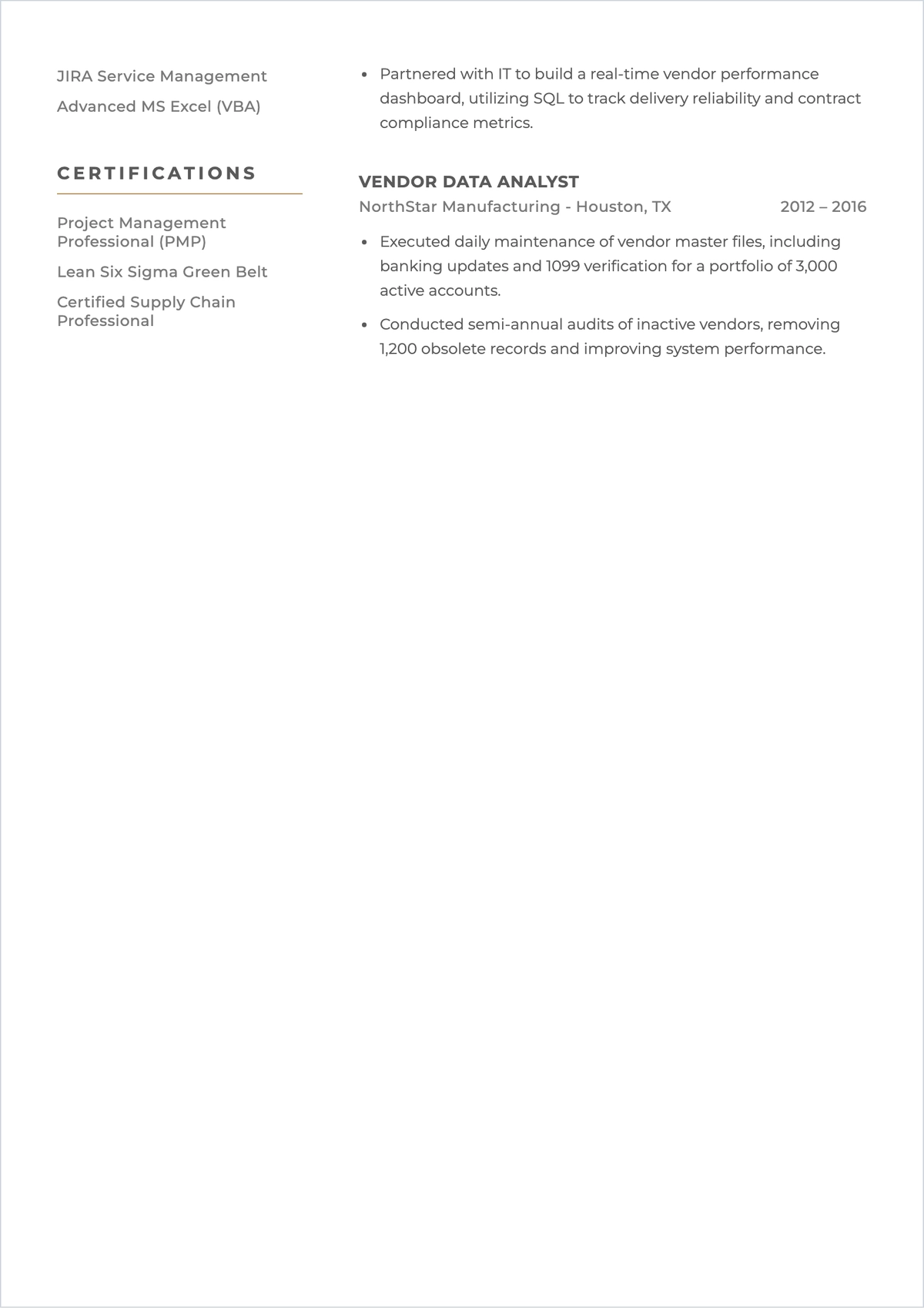Free Vendor Maintenance Project Specialist ATS Resume Template