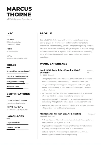 Free AC Maintenance Worker ATS Resume Template, AI Resume Builder