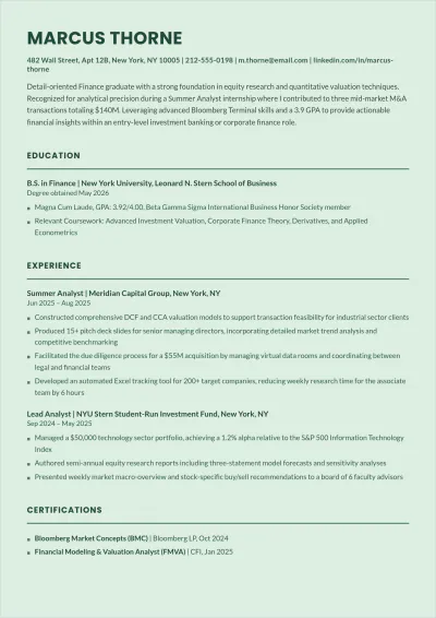 Free Banking Intern ATS Resume Template, AI Resume Builder