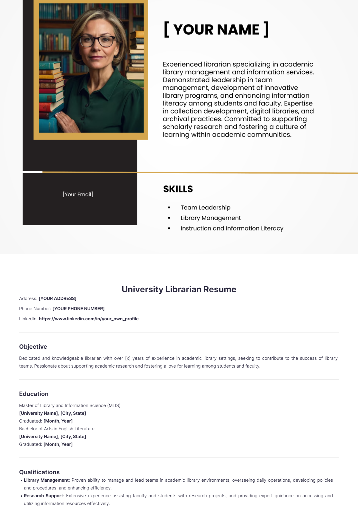 Free University Librarian Resume Template - Edit Online & Download ...