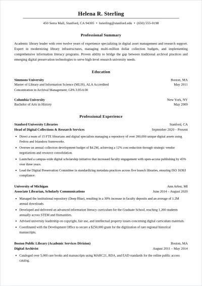 Free University Librarian ATS Resume Template, AI Resume Builder