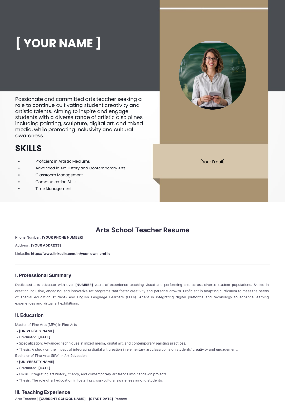 Arts School Teacher Resume - Edit Online & Download