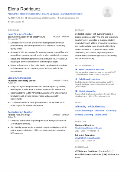 Free Arts School Teacher ATS Resume Template, AI Resume Builder