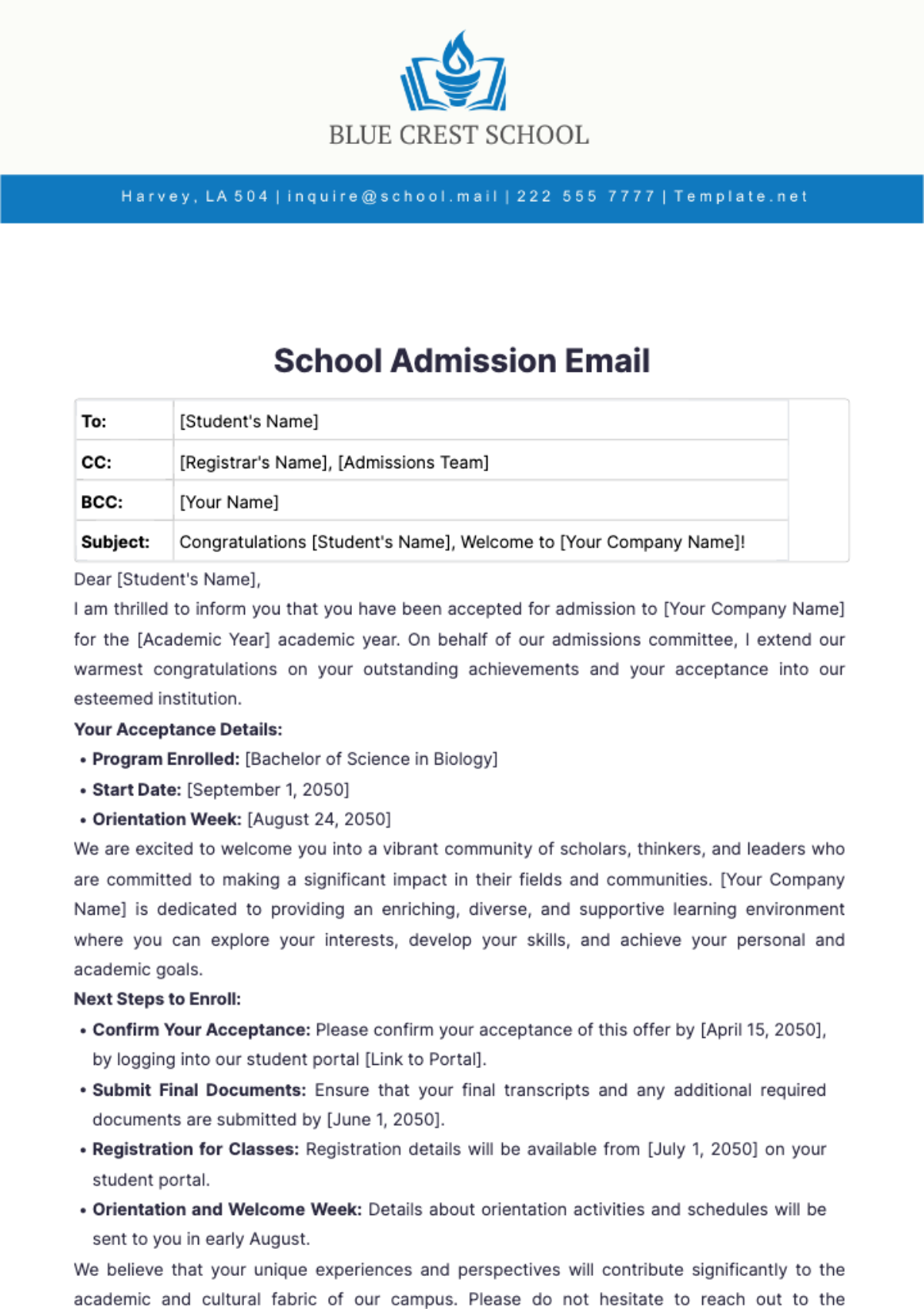 School Admission Email Template - Edit Online & Download