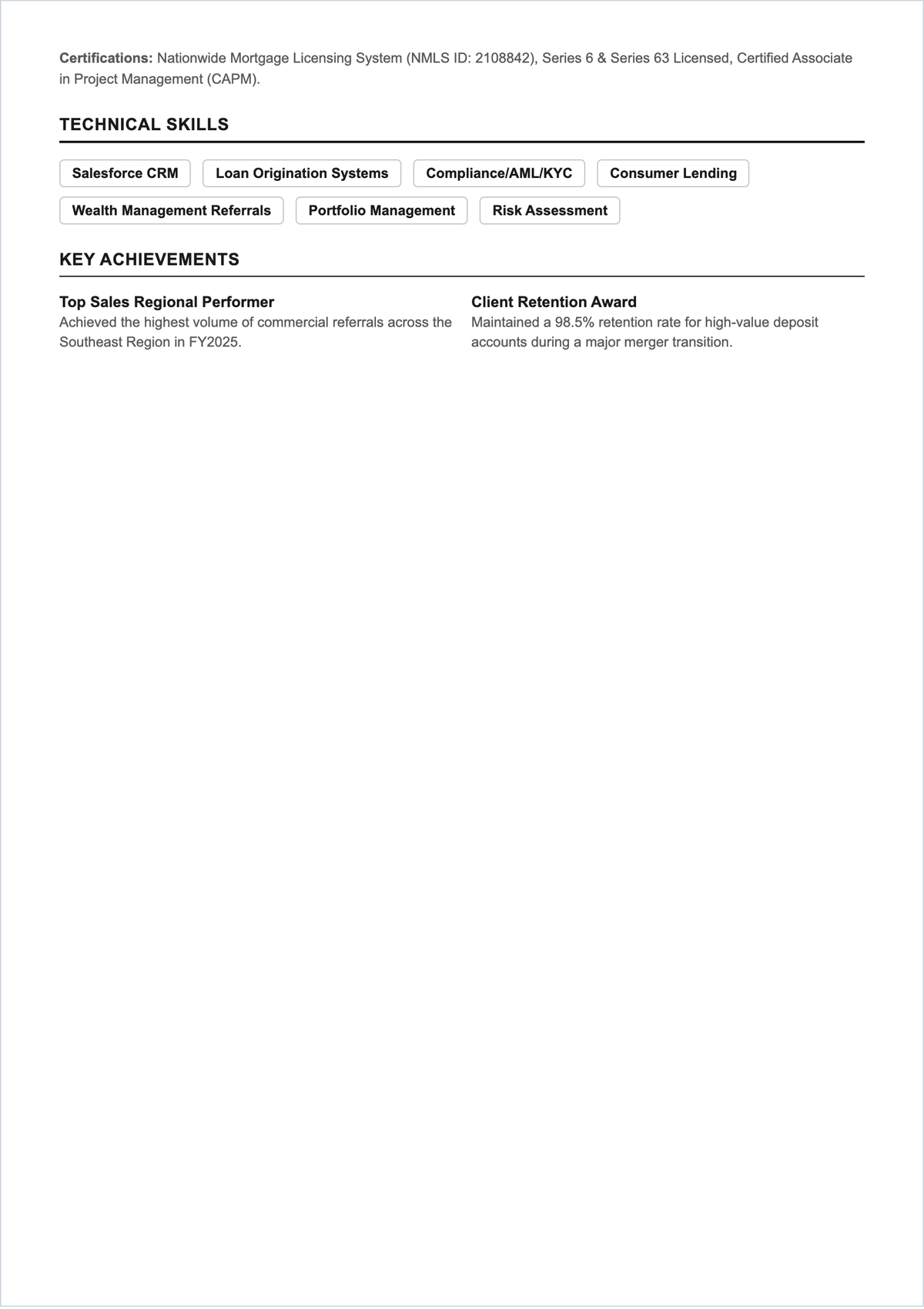 Free Banking Sales Representative ATS Resume Template