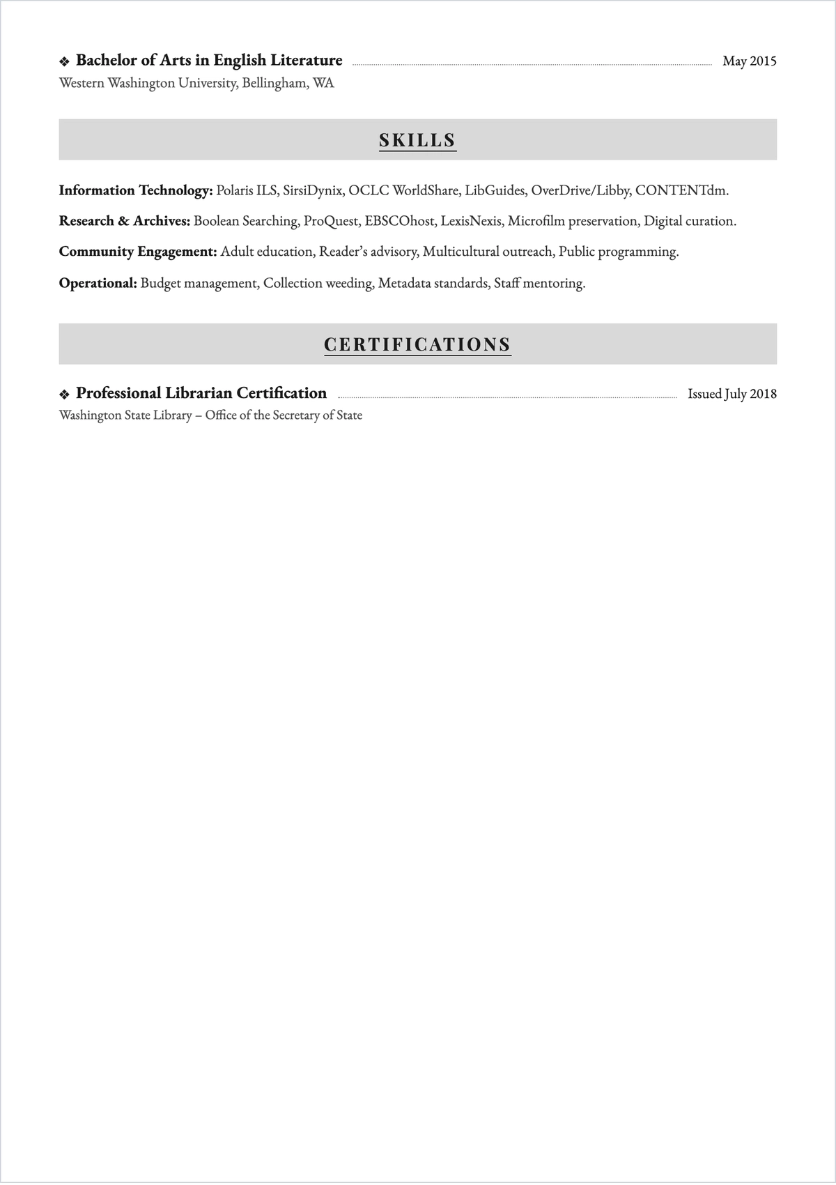 Free Reference Librarian ATS Resume Template, AI Resume Builder