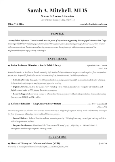 Free Reference Librarian ATS Resume Template, AI Resume Builder
