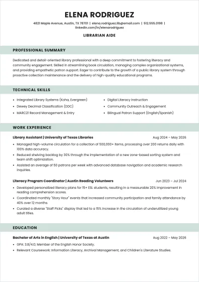 Free Librarian Aide ATS Resume Template, AI Resume Builder