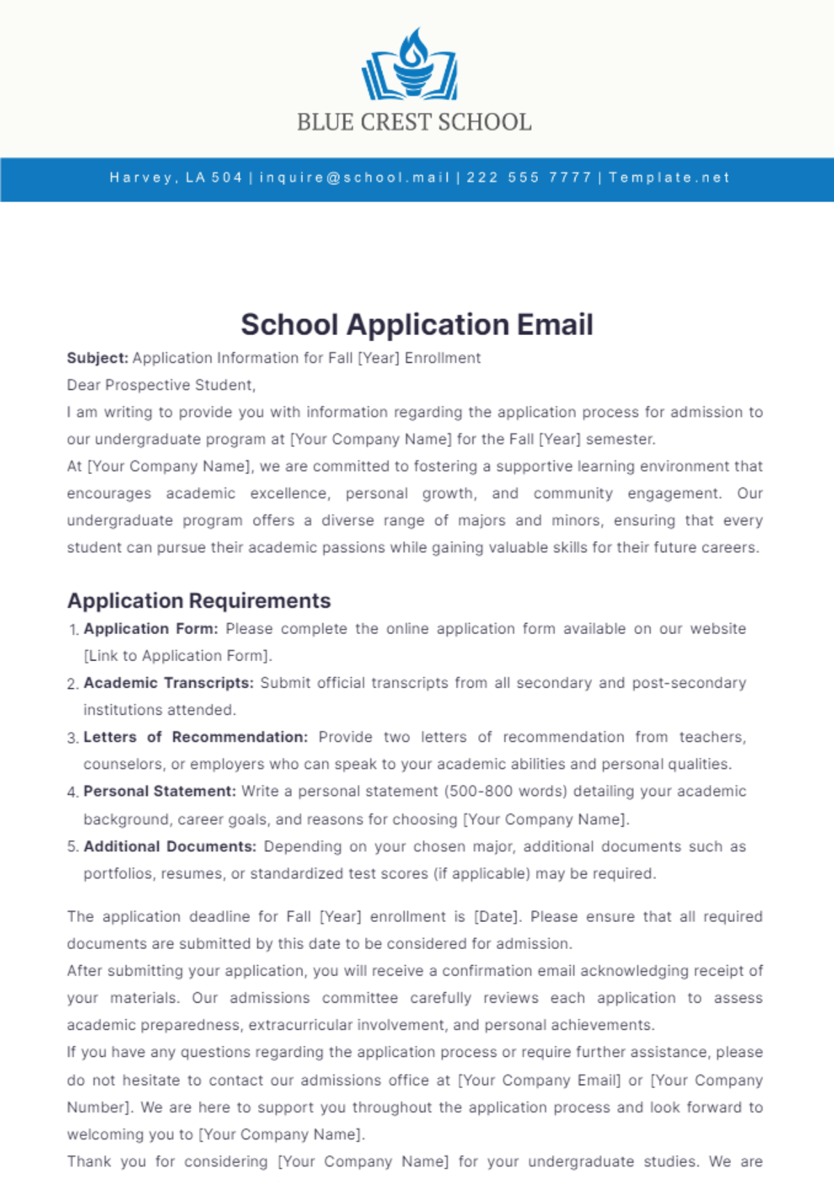 School Application Email Template - Edit Online & Download