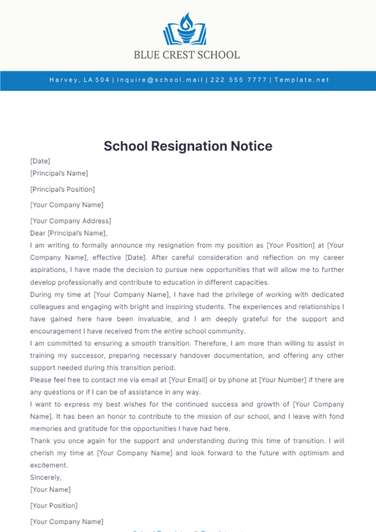 School Resignation Notice Template - Edit Online & Download