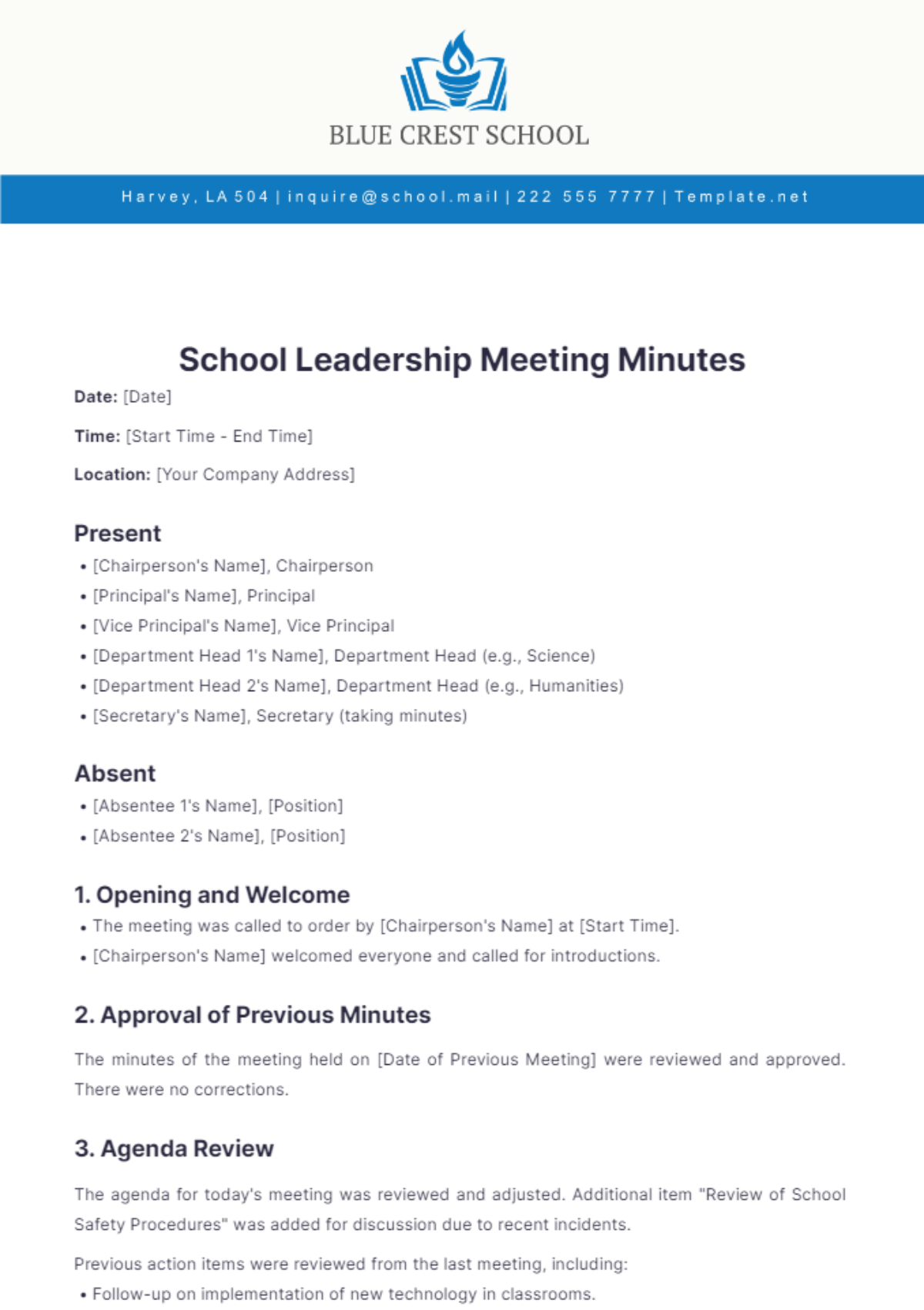 School Leadership Meeting Minutes Template - Edit Online & Download