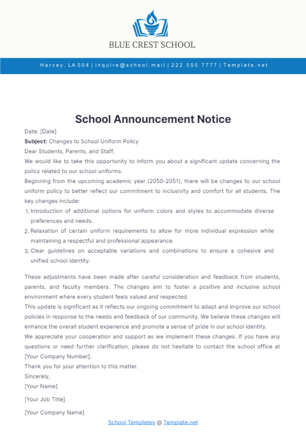 Free School Announcement Notice Template