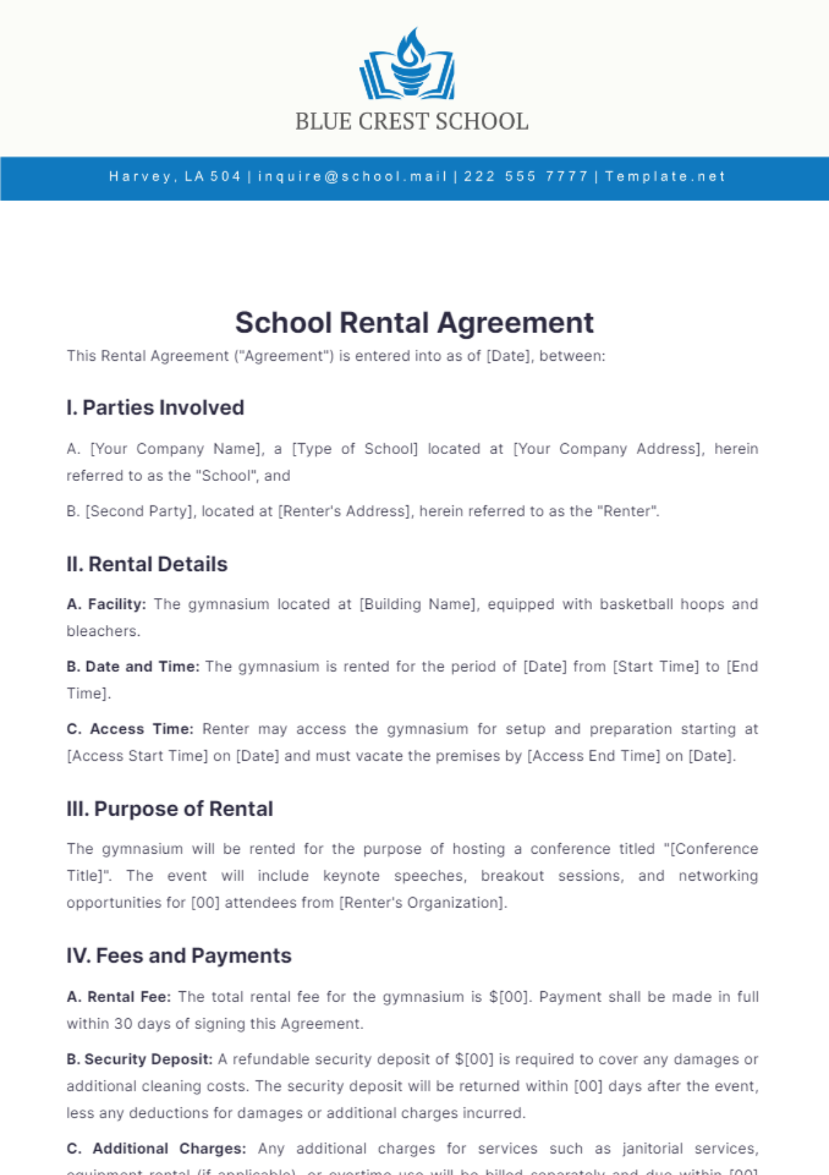 School Rental Agreement Template