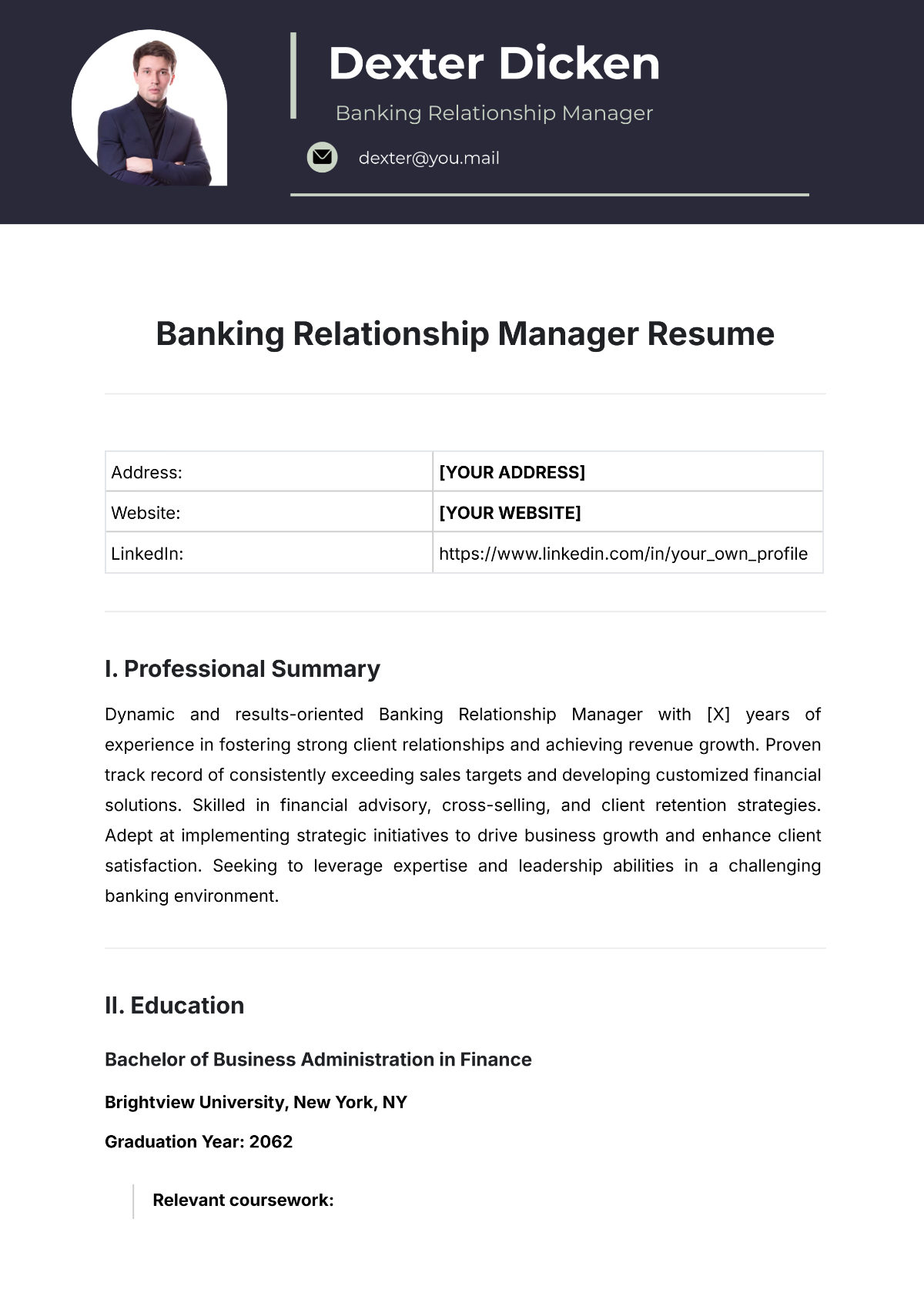 Banking Relationship Manager Resume Template - Edit Online & Download