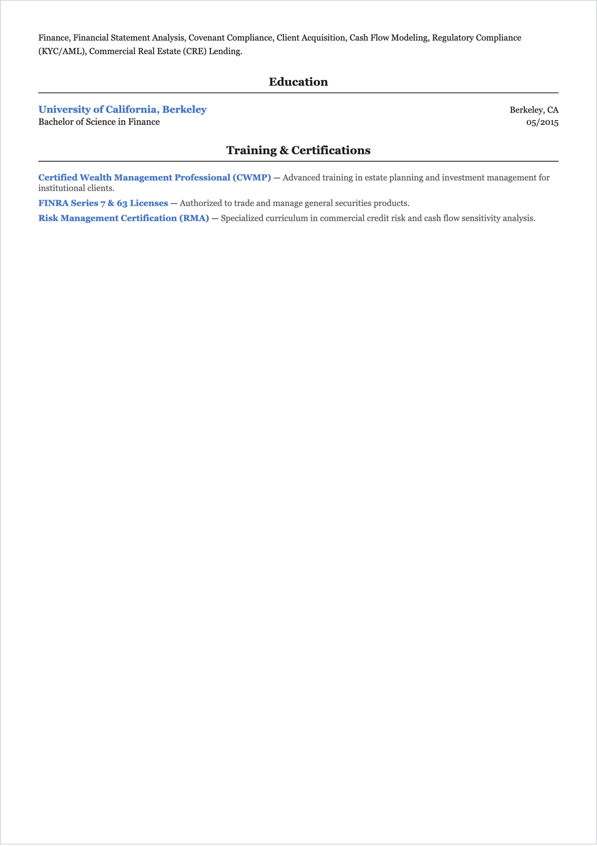 Free Banking Relationship Manager ATS Resume Template