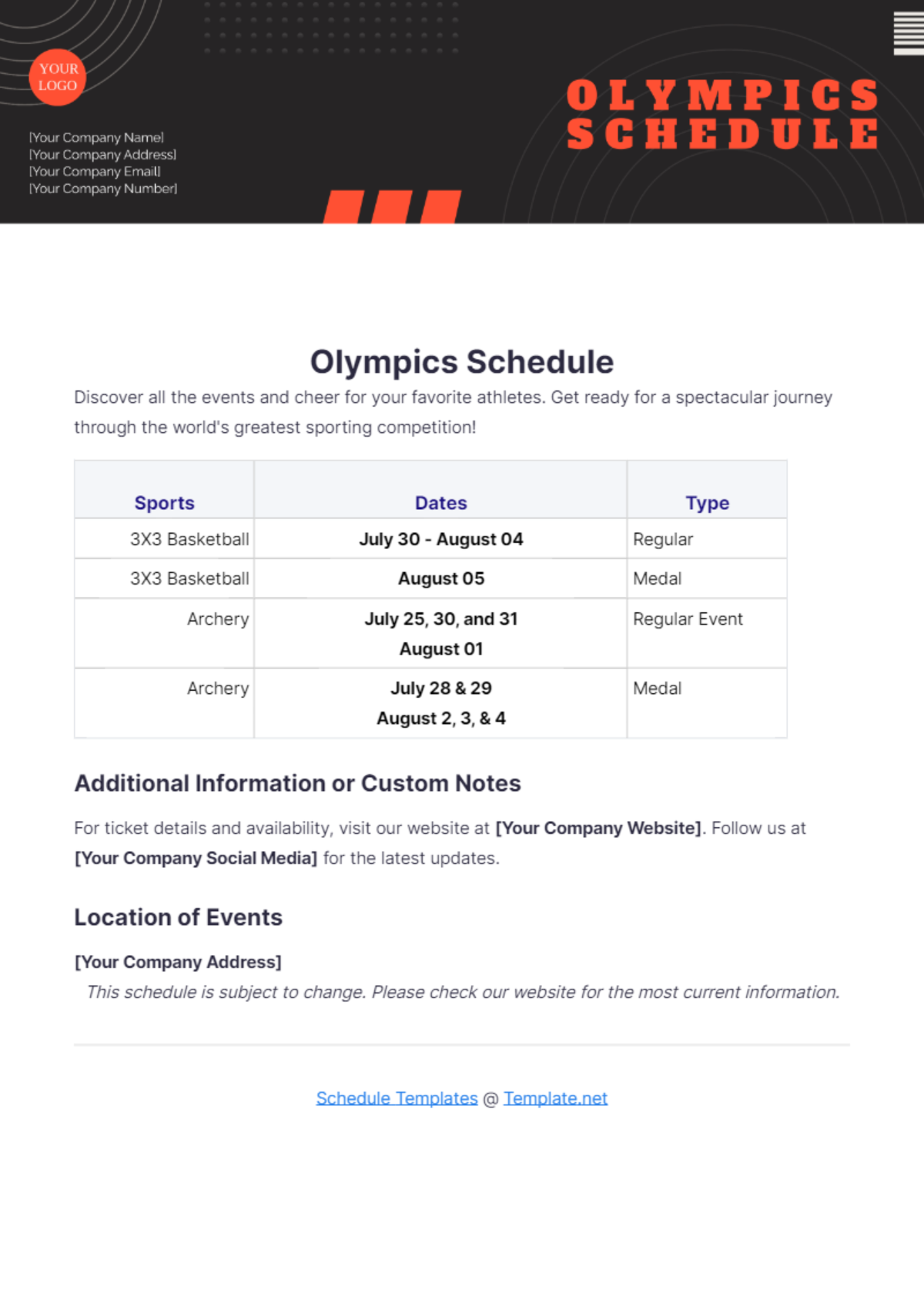 Olympics Schedule Template - Edit Online & Download