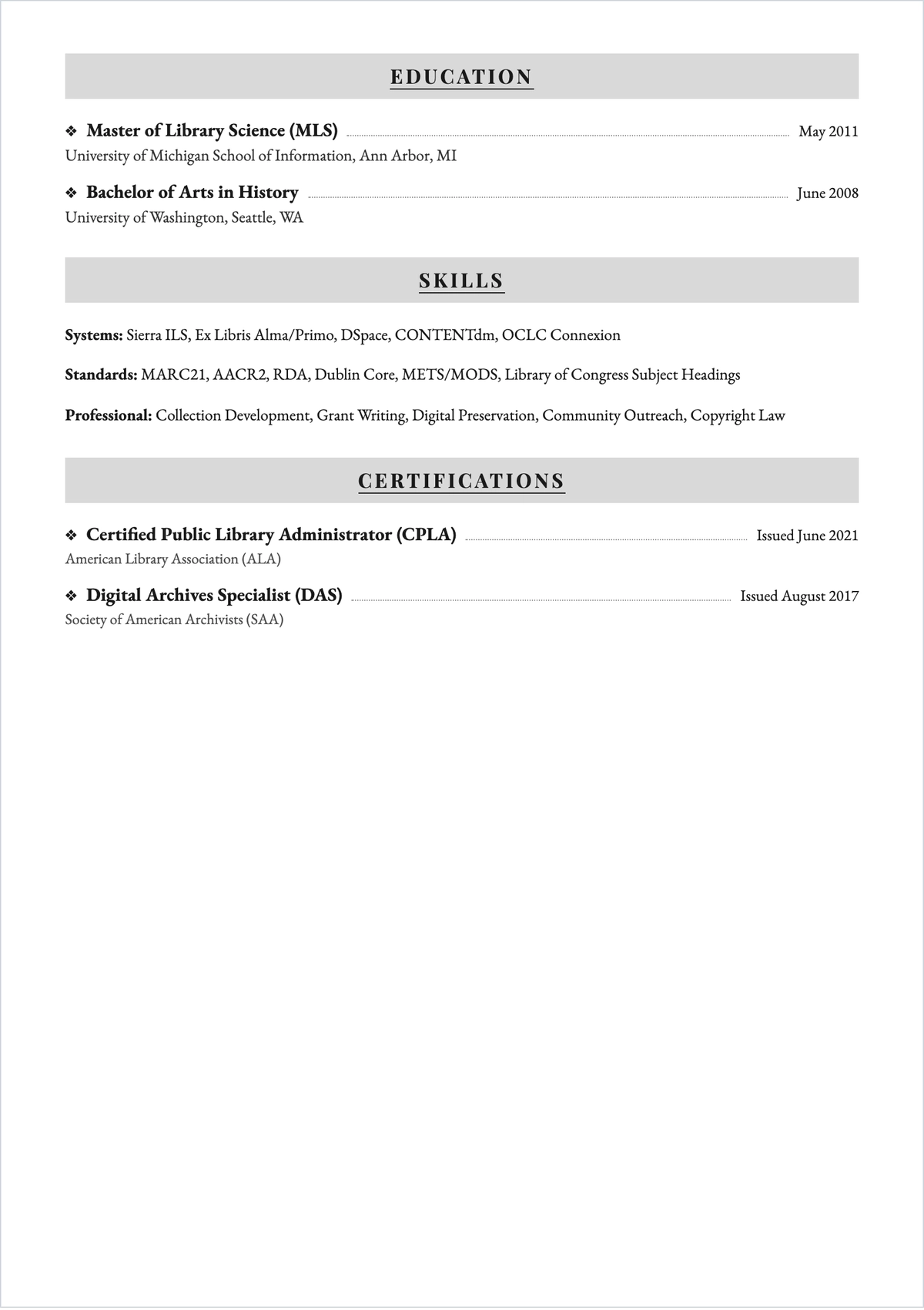 Free Professional Librarian ATS Resume Template, AI Resume Builder