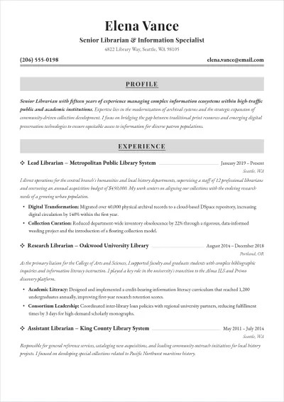 Free Professional Librarian ATS Resume Template, AI Resume Builder