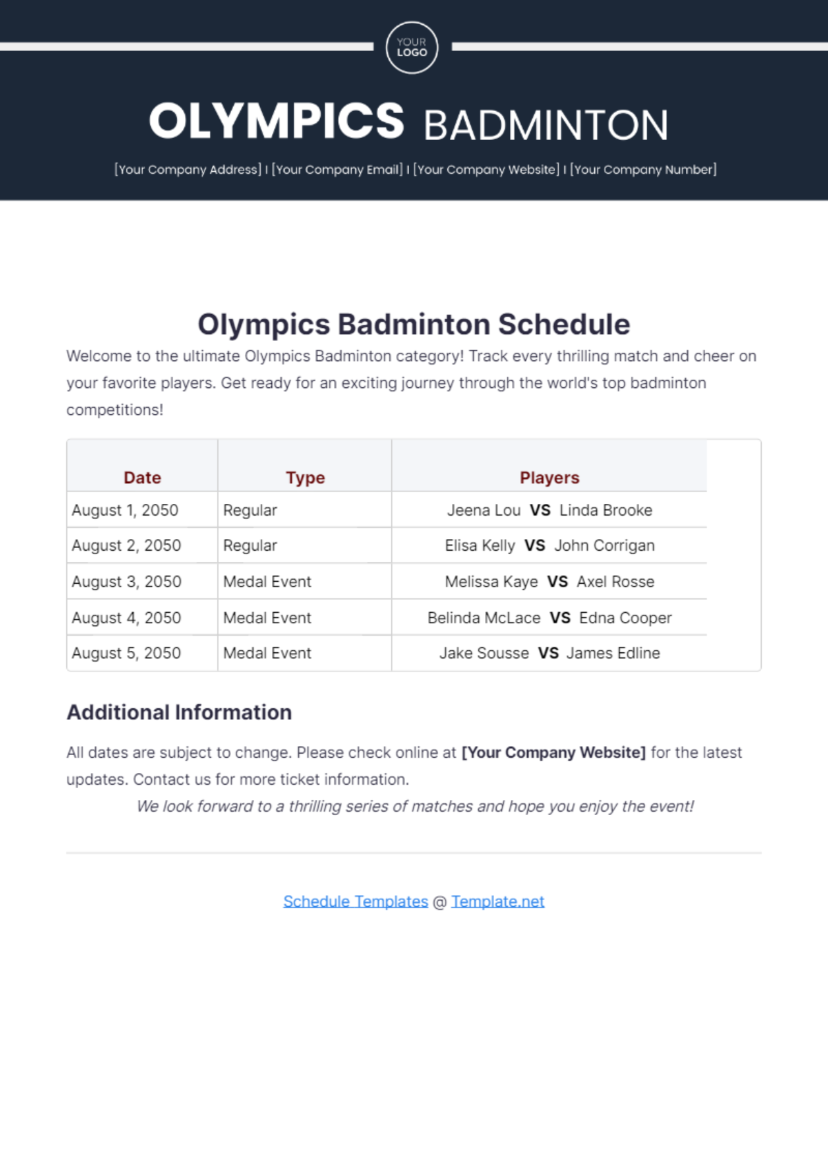 Olympics Badminton Schedule Template - Edit Online & Download