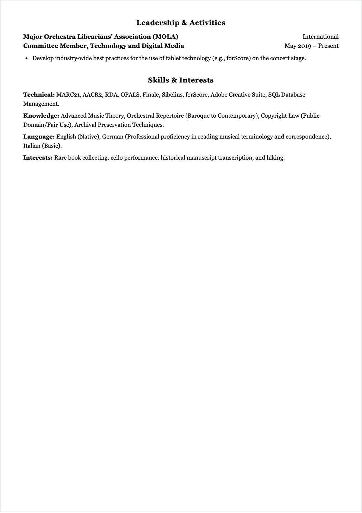 Free Music Librarian ATS Resume Template, AI Resume Builder